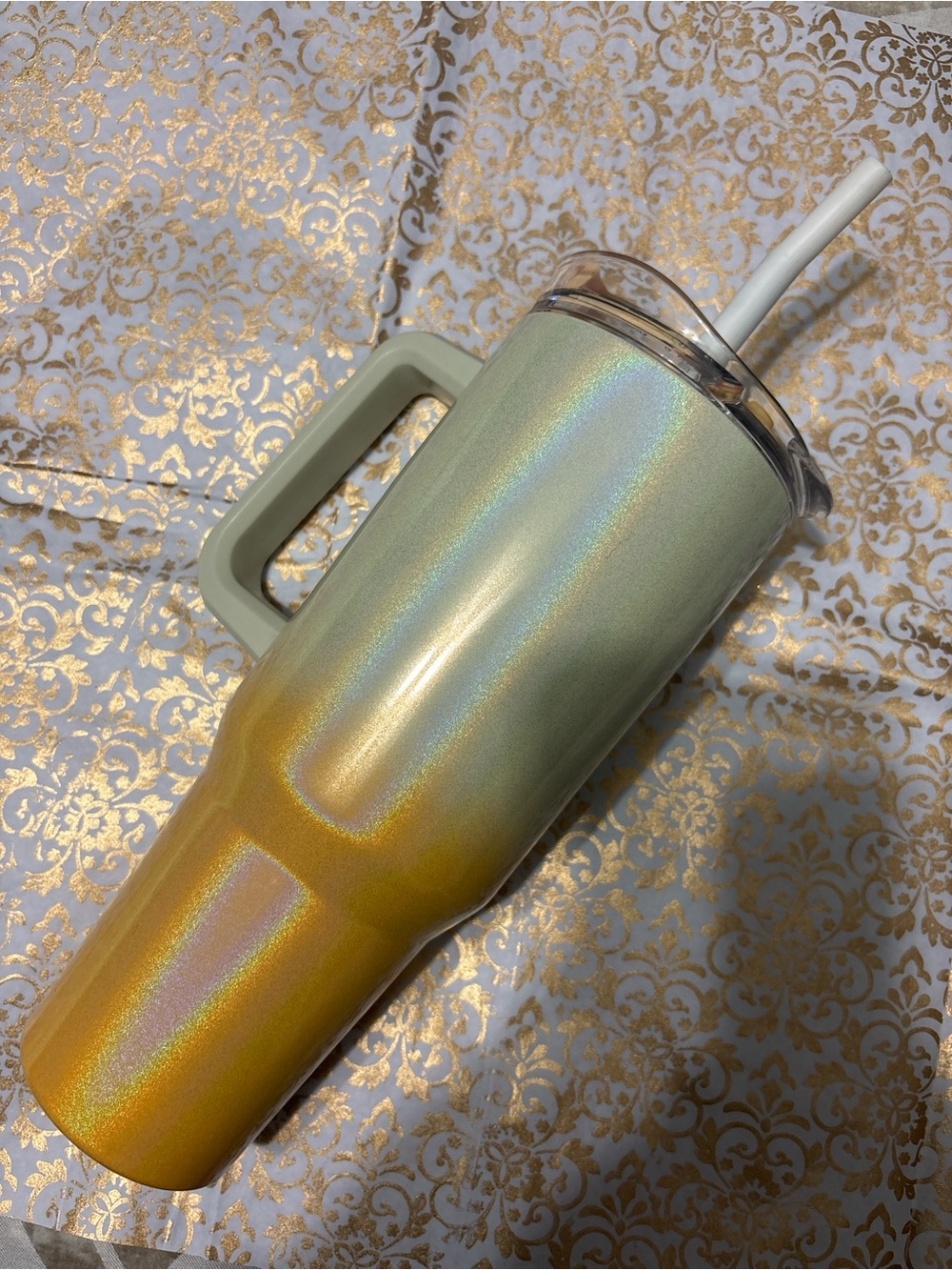 Iridescent Green to Gold Travel Tumbler with Handle and Straw
